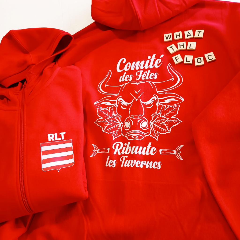 flocage sweat pour un comité des fêtes avec tête de taureau pour leur fête votive