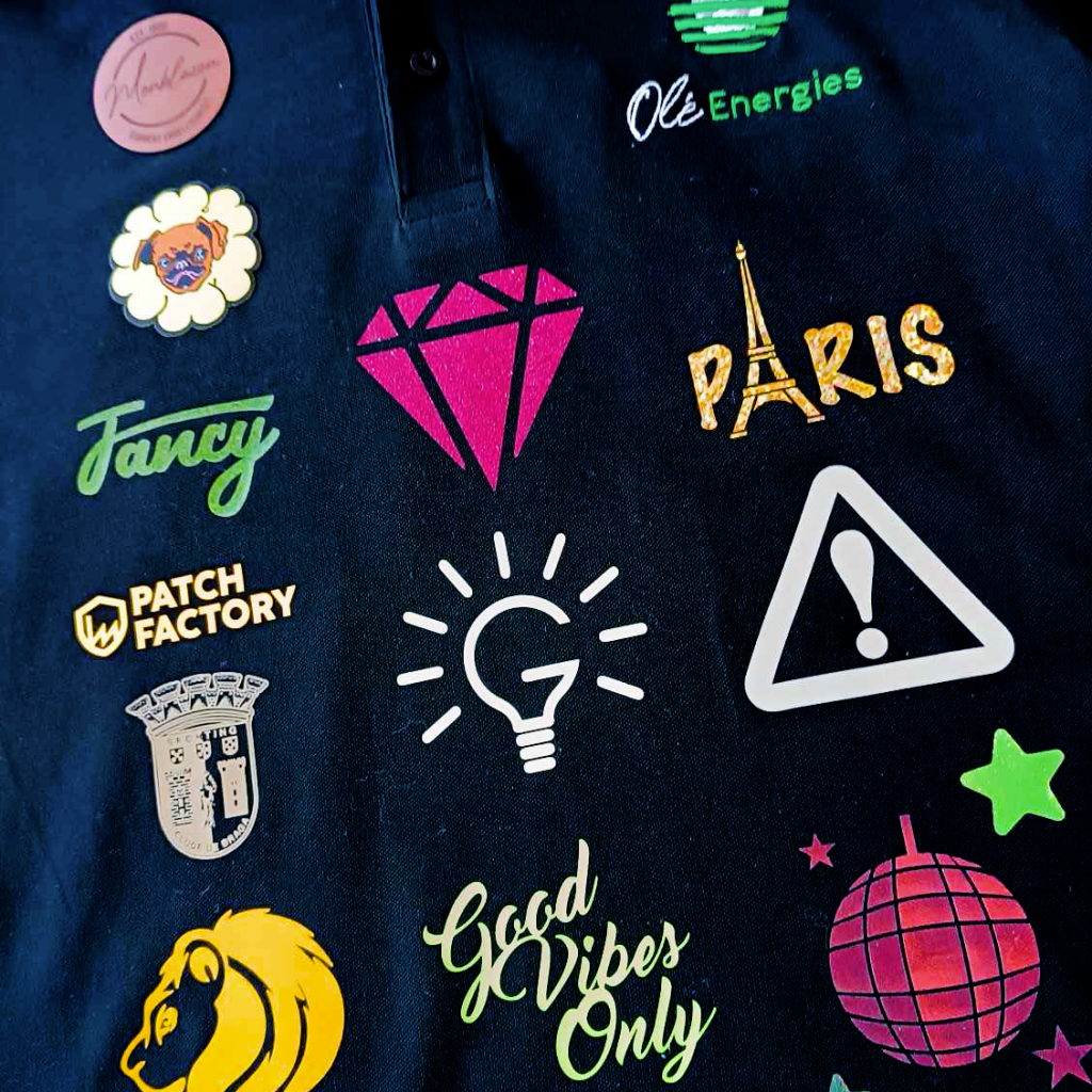 exemple de flocage textile, broderie, écusson, flocage paillettes, flocage 3D, flocage velours, fluo, holographique, réfléchissant,