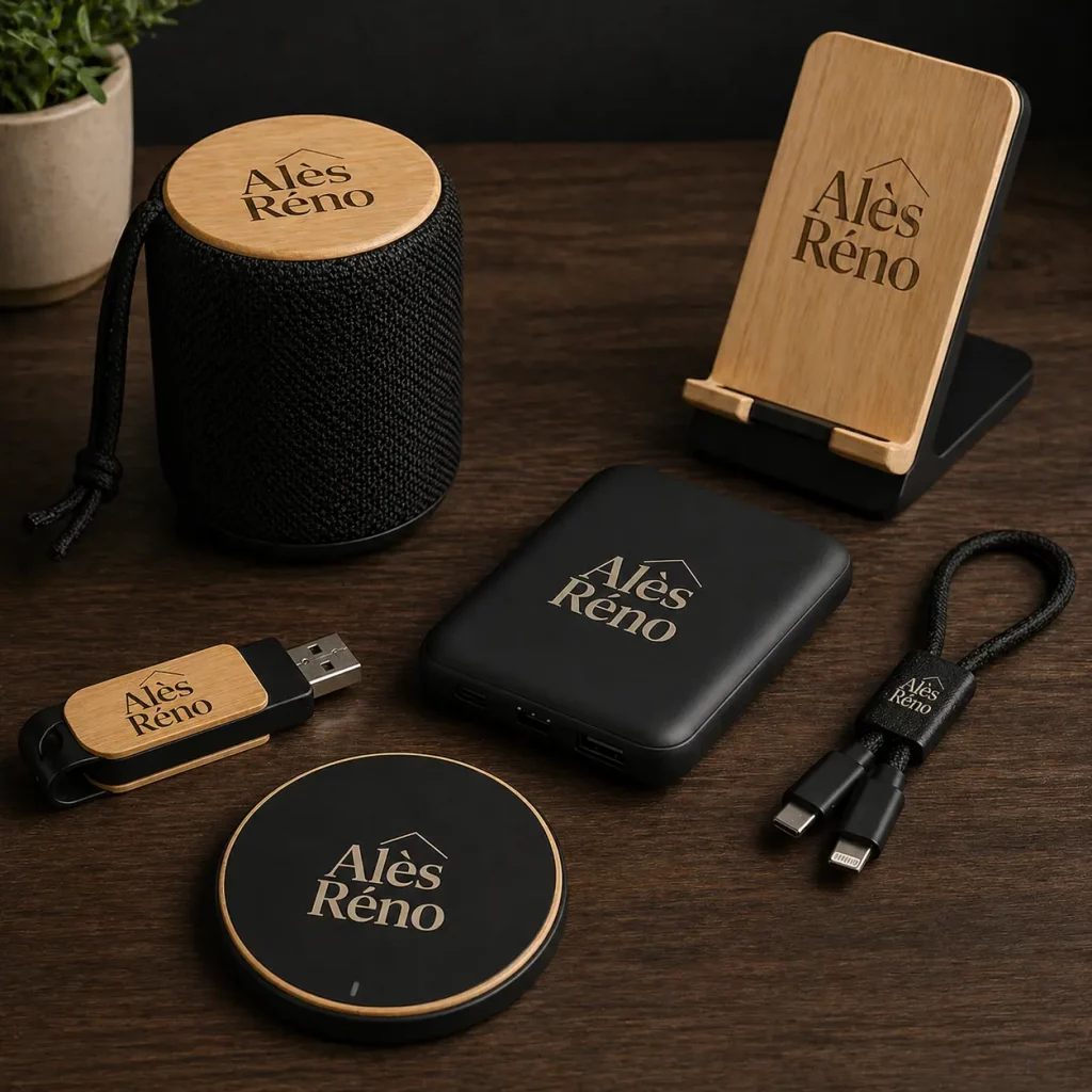 goodies hi-tech sur plateau bois pour entreprise
