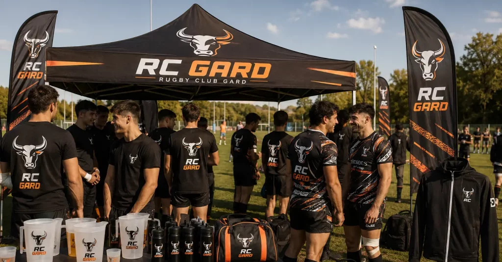 photo d'un club sportif de rugby dans le gard présentant les divers services de personnalisation textile, barnum, eco-cup, pichets, drapeaux... que nous faisons