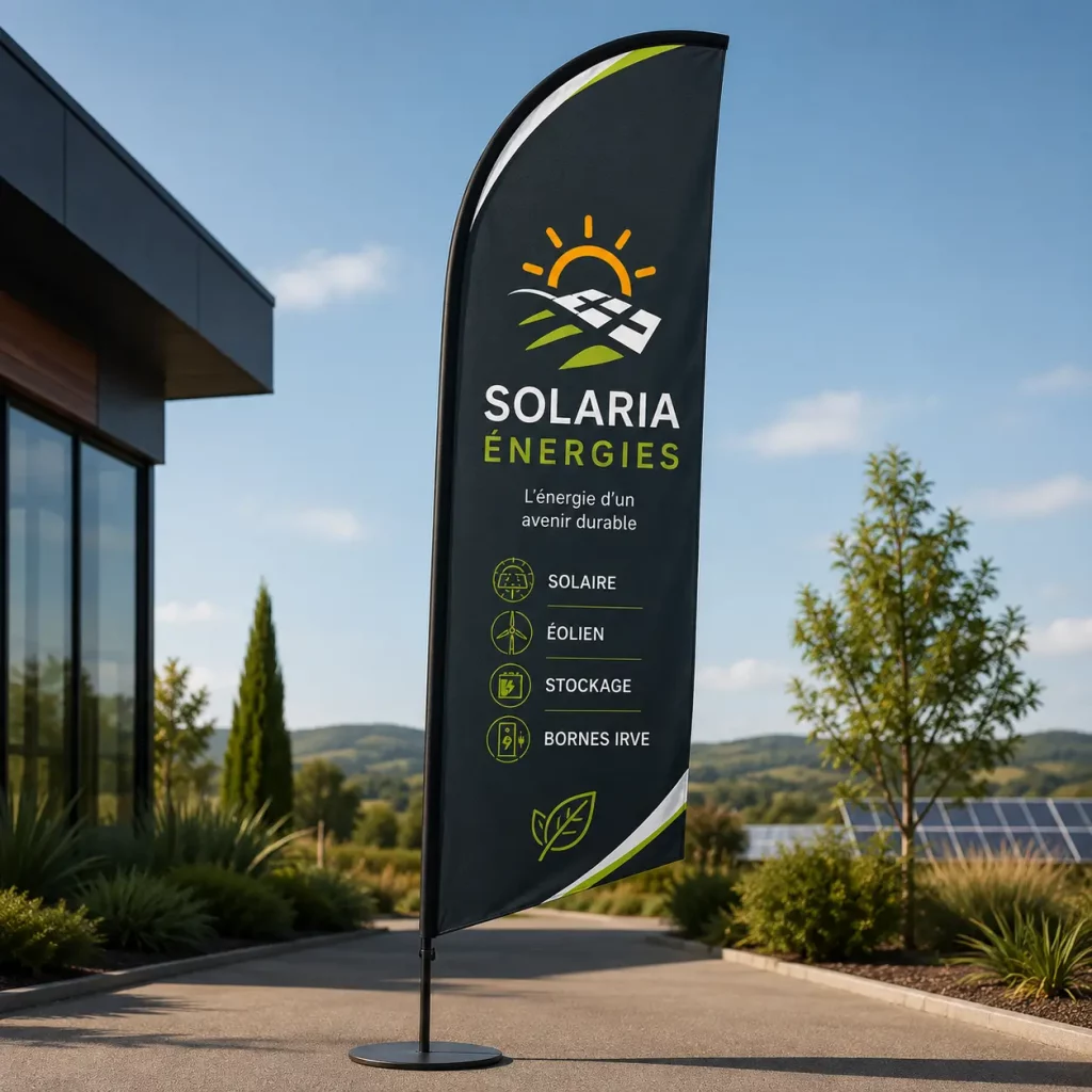 standiste à Ales dans le gard réalisation d'un drapeau pour salon et foire proche de nimes pour une entreprise des énergies renouvelable